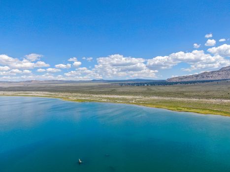 Aerial view of Mono Lake with tufa rock formations during summer season, Mono County, California, USA