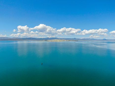 Aerial view of Mono Lake with tufa rock formations during summer season, Mono County, California, USA