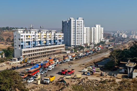 Due to some accident, Long traffic jam on Mumbai - Bangalore bypass highway in Pune, Maharashtra, India.