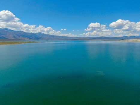 Aerial view of Mono Lake with tufa rock formations during summer season, Mono County, California, USA