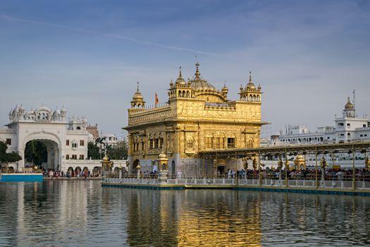 Evening view of the Golden temple in Amritsar, Punjab, India with beautiful blue sky. Can be used as wallpaper