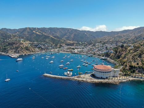 Aerial view of Avalon Bay in Santa Catalina Island, tourist attraction in Southern California, USA