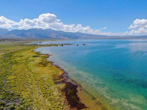 Aerial view of Mono Lake with tufa rock formations during summer season, Mono County, California, USA