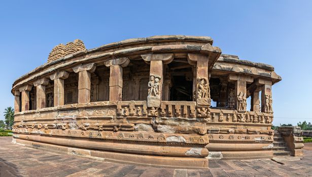 Panorama image of Durga temple in Aihole, Karnataka, India. The temple is constructed in the sixth century. It is built in the Buddhist chaitya style but it has a corridor running on all three sides.