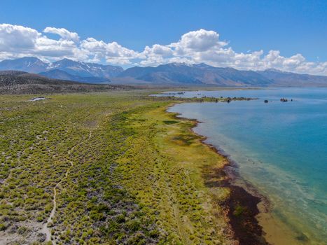 Aerial view of Mono Lake with tufa rock formations during summer season, Mono County, California, USA