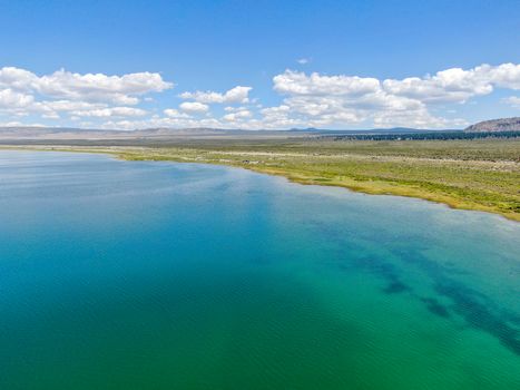 Aerial view of Mono Lake with tufa rock formations during summer season, Mono County, California, USA