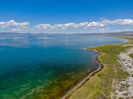 Aerial view of Mono Lake with tufa rock formations during summer season, Mono County, California, USA