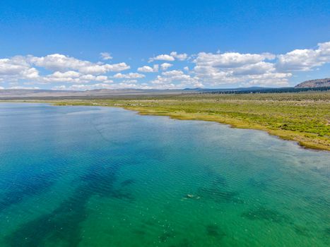 Aerial view of Mono Lake with tufa rock formations during summer season, Mono County, California, USA