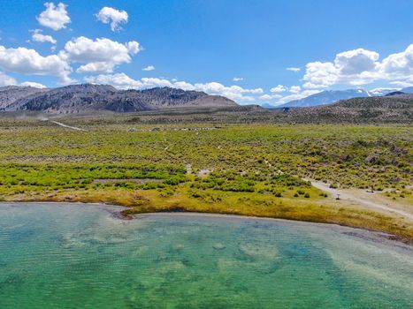 Aerial view of Mono Lake with tufa rock formations during summer season, Mono County, California, USA