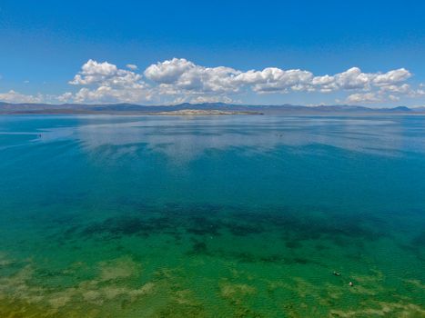 Aerial view of Mono Lake with tufa rock formations during summer season, Mono County, California, USA