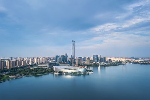 CBD buildings by Jinji Lake in Suzhou, China. Urban architecture photography.