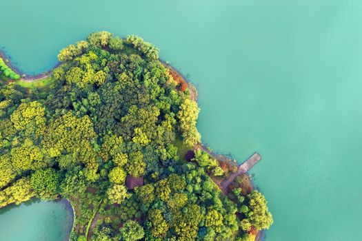 Looking down to the island in the lake. Photo in Suzhou, China.