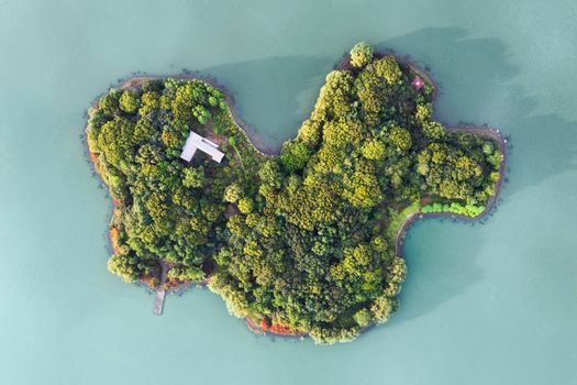 Looking down to the island in the lake. Photo in Suzhou, China.