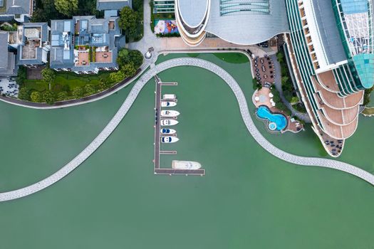 Looking down to the yachts by the lake. Photo in Suzhou, China.