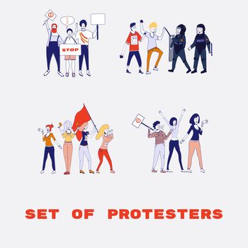 Big set of protesting people holding banners and placards. Men and women characters on political meeting, parade or rally. Group of male and female protesters or activists. . cartoon line illustration