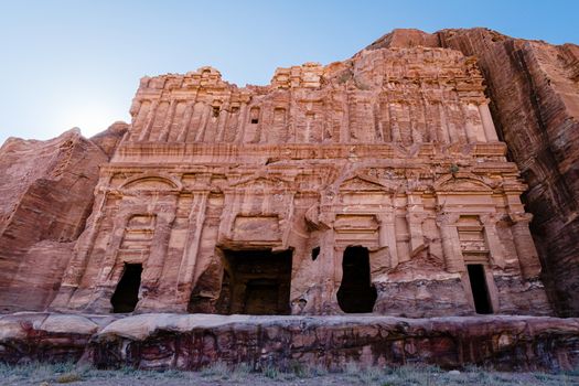Stone carved facade of the Royal Tomb, a famous landmark and viewpoint in world heritage site of Petra, Jordan, Middle East