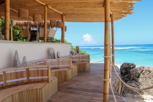 Music club and restaurant on Bali, Indonesia. Bamboo building on the sandy beach.