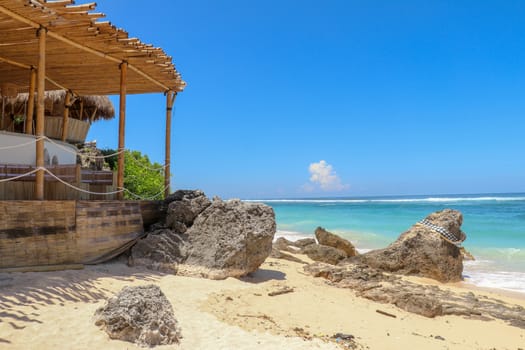 Music club and restaurant on Bali, Indonesia. Bamboo building on the sandy beach.