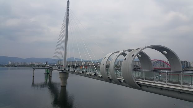 A beautiful view of Sky walk over Soyang Lake in Chuncheon city. Beautiful traveling destination site for visitors.