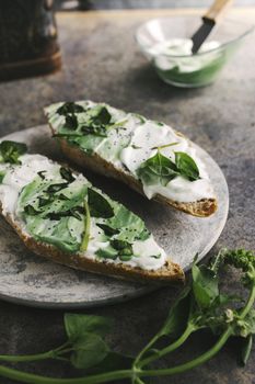 toast spread with cream cheese and basil, on grunge background