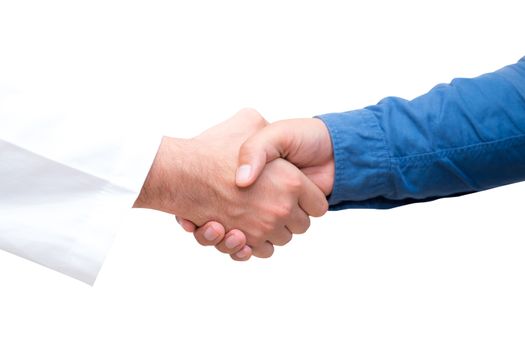 Closeup portrait of healthcare professional doctor shaking hand with patient, isolated on white background.