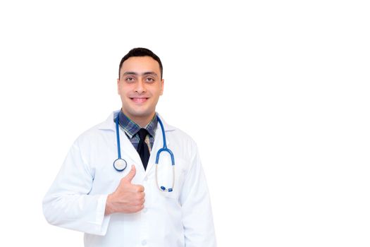 male doctor hand showing thumbs up on white background.