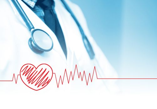 Doctor with stethoscope blue tone with heart graph.