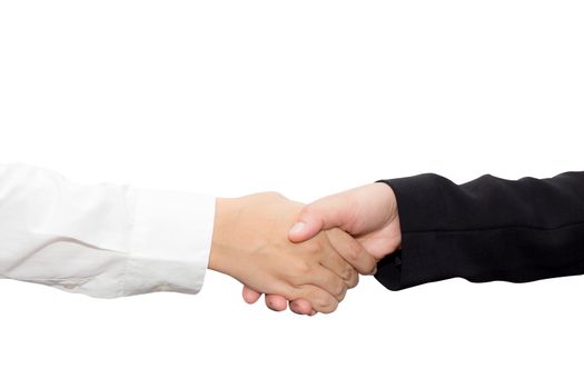 Handshake of businessman and businesswoman after successful business meeting isolated on white background.