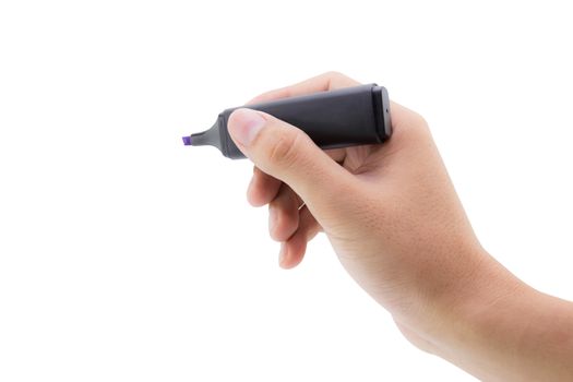 man hand is ready for drawing or writing marker pen Isolated on white background.