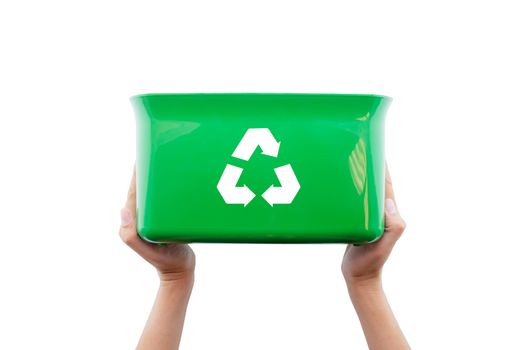 hand holdding box plastic with recycle sign isolated on white background.