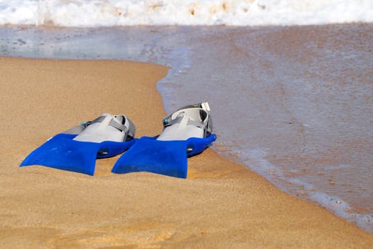 flippers on a sandy beach near the waves, copy space
