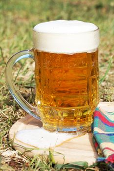 glass mug with beer and foam on a wooden tray on the grass on a sunny day