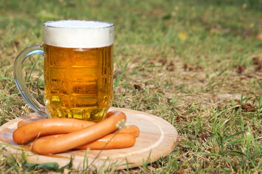 glass mug with beer and sausages on a wooden tray on the grass on a sunny day