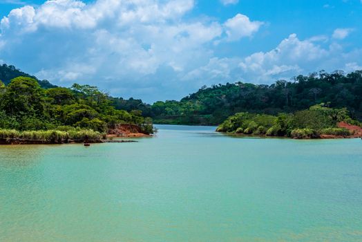 A very narrow passageway lies ahead on Gatun Lake in the Panama Canal complex.