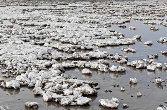 Icy and snow-covered Wadden Sea, north of Germany.