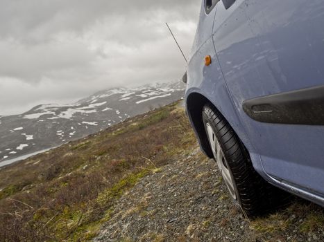 View from car into the gloomy landscape of Norway's mountains