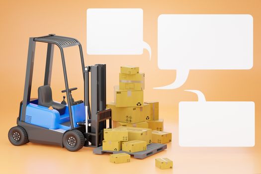 Forklift trucks with a cardboard box on a pallet and blank text box. Cargo in a warehouse to prepare to be delivered by transport. The concept of online shopping and logistics planning. 3D rendering.