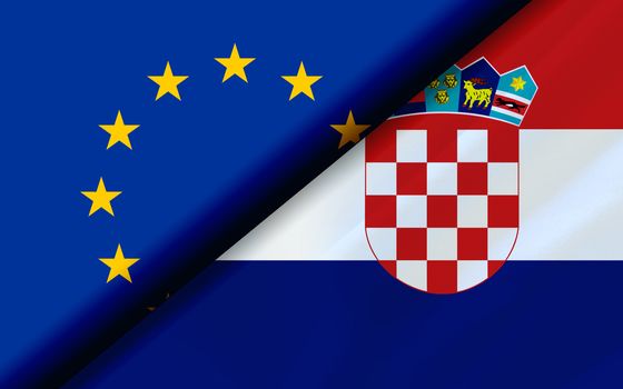 Flags of the EU and Croatia divided diagonally. 3D rendering