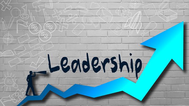 Leadership word on the wall with blue arrow. 3d rendering