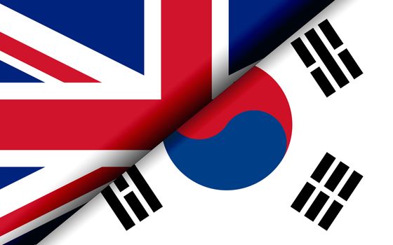 Flags of the United Kingdom and South Korea divided diagonally. 3D rendering