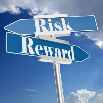 Risk and reward signs with blue sky, 3D rendering