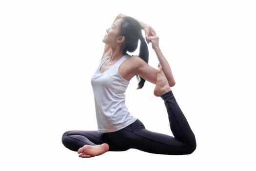 Young beautiful woman yoga posing on white background