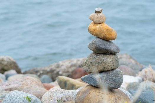 Stacked textured rocks in a peaceful tranquil setting on lake michigan