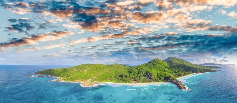 La Digue, Seychelles Island. Amazing aerial view of beach and ocean from a drone.