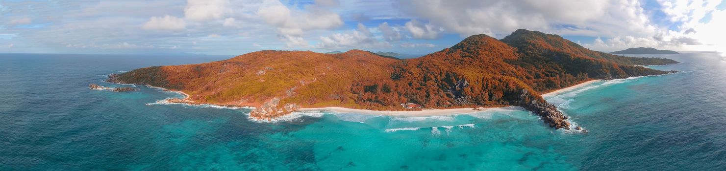La Digue, Seychelles Island. Amazing aerial view of beach and ocean from a drone.