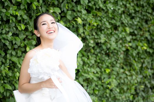 beautiful young woman on wedding day in white dress in the tree wall. Female portrait in the park - Selective focus