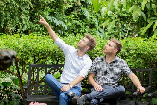 Two friends businessman talking sitting and pointing something in a garden.