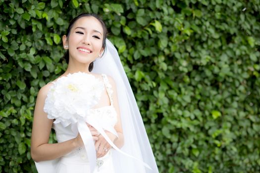 beautiful young woman on wedding day in white dress in the tree wall. Female portrait in the park - Selective focus
