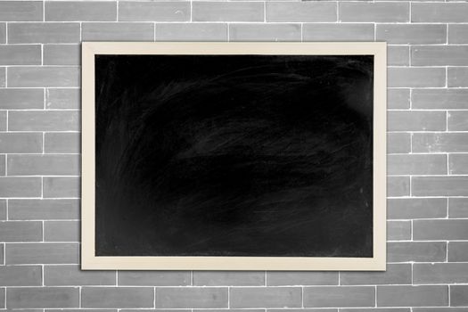 blackboard, chalkboard with wooden frame on old brick white wall  background for education concept.