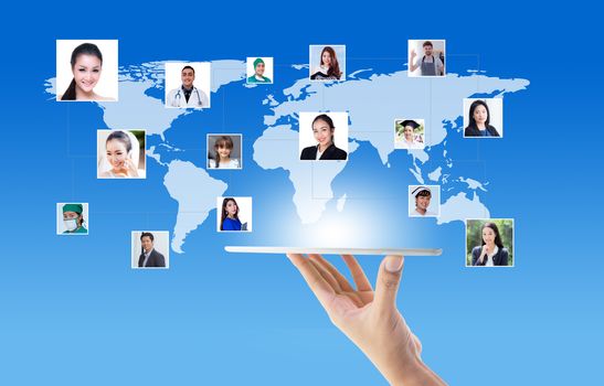 communication business person career various on hand holding tablet with world map social media network connection concept, Elements of this image furnished by NASA.